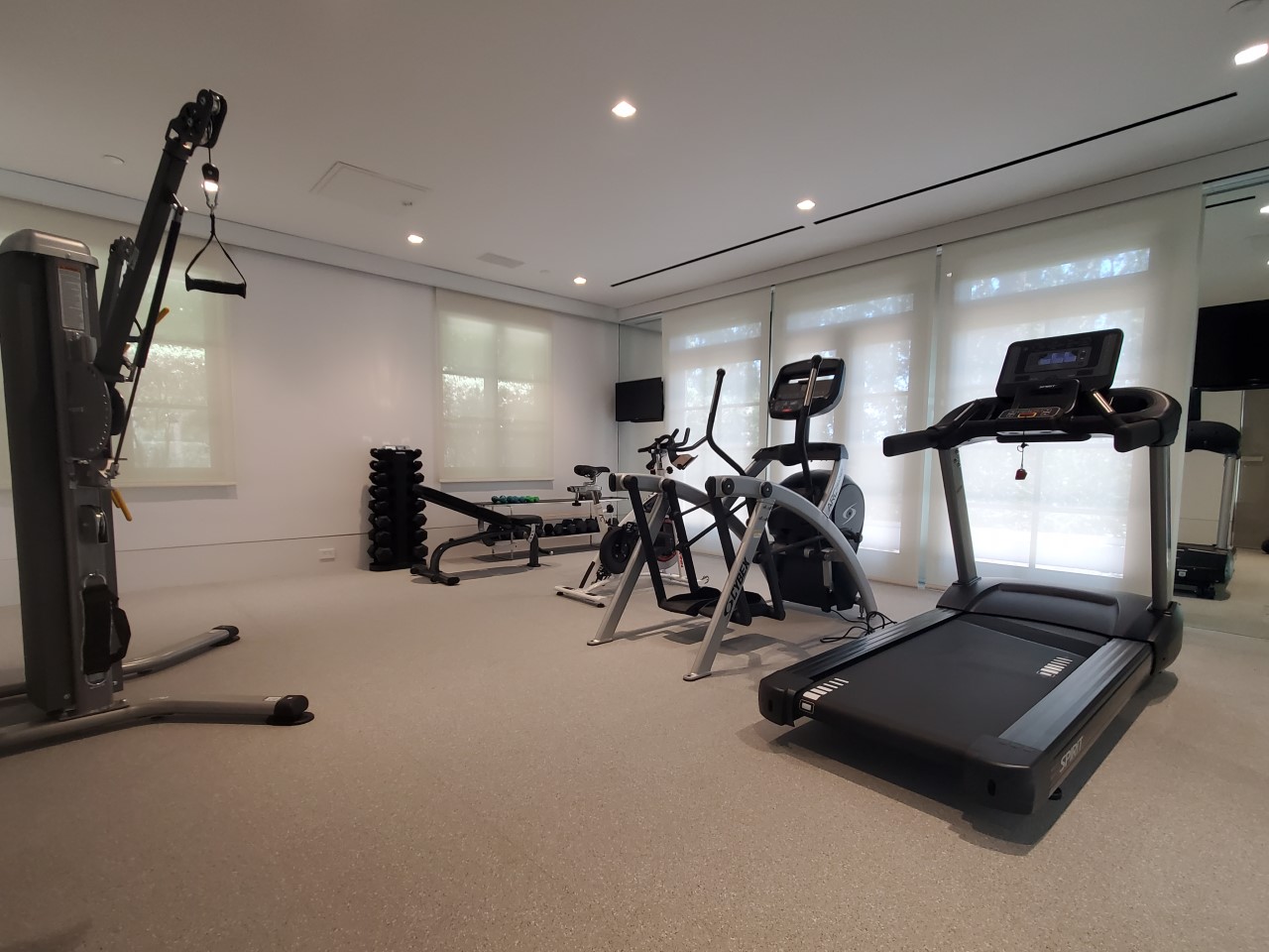 A finished home gym with treadmill, elliptical, bench and dumbbells